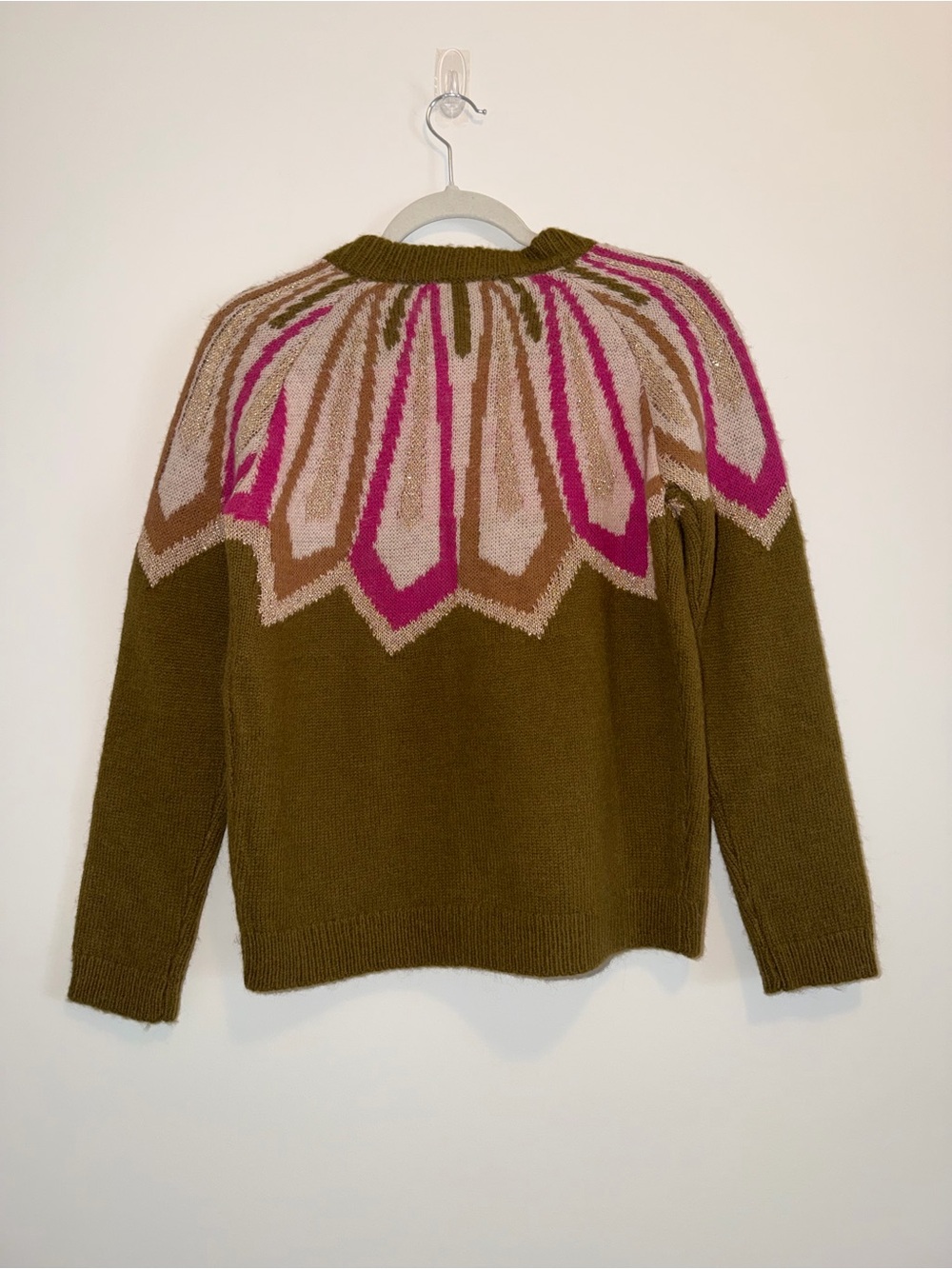 Sézane Hamel Khaki Knit Cardigan alpaca jacquard knit cardigan 0 green pink - Picture 9 of 10